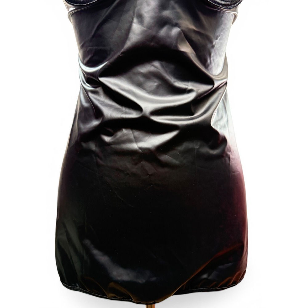 Open Bust Harness Chemise Mesh Mini Dress size XS-S Black Faux Leather Clubwear - Picture 3 of 5